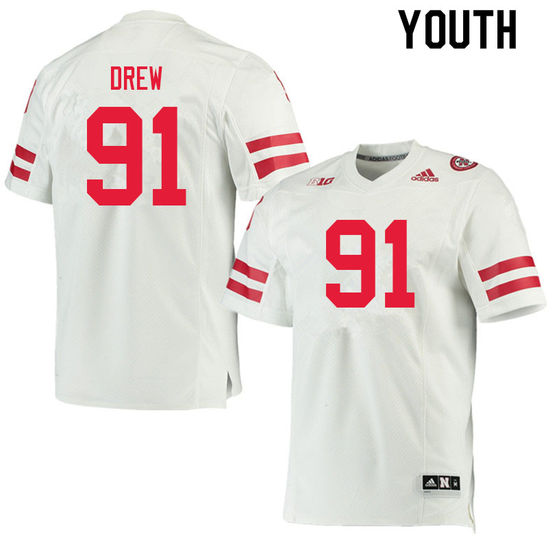 Youth #91 Devin Drew Nebraska Cornhuskers College Football Jerseys Sale-White - Click Image to Close